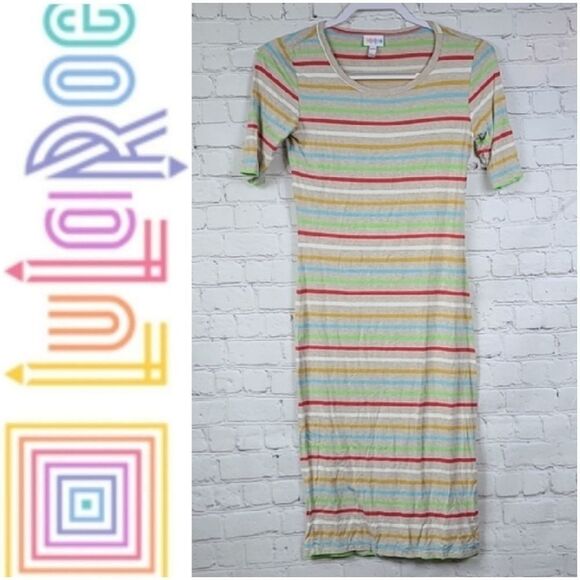 LuLaRoe Julia Dress Knit XXS Tan Striped Midi Knee Length Fitted Comfy Casual - Picture 3 of 9